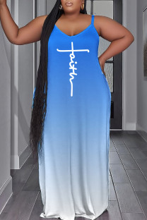 Light Blue Sexy Casual Print Backless Spaghetti Strap Long Dress Plus Size Dresses