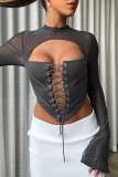 Khaki Sexy Work Street Elegant Solid Hollowed Out Patchwork Strap Design Mesh O Neck High Waist Tops
