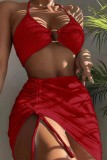 Tangerine Red Sexy Solid Bandage Backless Swimsuit Three Piece Set (With Paddings)