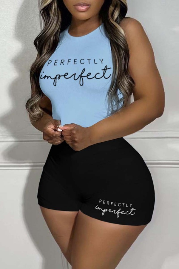 Light Blue Casual Print Basic O Neck Sleeveless Two Pieces