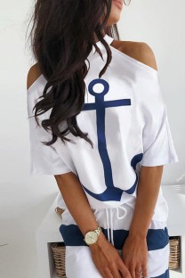 White Casual Print Hollowed Out O Neck T-Shirts