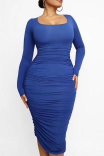 Blue Casual Solid Basic U Neck Long Sleeve Dresses