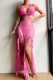 Rose Red Sexy Solid Bandage Backless Slit Swimwears Cover Up