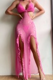 Rose Red Sexy Solid Bandage Backless Slit Swimwears Cover Up