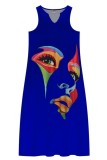 Blue Casual Print Basic V Neck Long Dress Plus Size Dresses