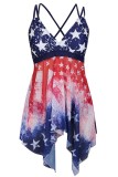 Blue Sexy Print Backless Asymmetrical Independence Day Swimwears