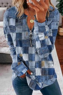 Deep Blue Casual Patchwork Zipper O Neck Tops