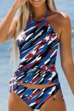 Light Blue Red Flag Stars Print Independence Day Sleeveless Cami 2 Piece Swimsuit Sets With Paddings