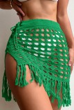 Khaki Sexy Solid Tassel Hollowed Out Frenulum See-through Slit Swimwears Cover Up