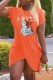 Orange Casual Print Letter O Neck One Step Skirt Dresses