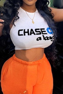 White Casual Letter Print Basic O Neck Tops