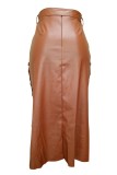 Camel Casual Solid Slit Skinny High Waist Type H Solid Color Skirts