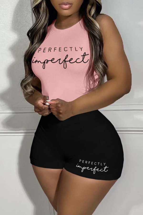 Light Pink Casual Print Basic O Neck Sleeveless Two Pieces