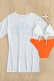 Orange Casual Print Basic Swimsuit Three Piece Set (With Paddings)