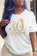 White Casual Daily Print Patchwork Letter O Neck T-Shirts
