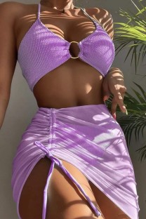 Purple Sexy Solid Bandage Backless Swimsuit Three Piece Set (With Paddings)