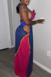 Blue Sexy Print Bandage Hollowed Out Patchwork Backless Halter Sleeveless Two Pieces
