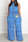 Blue Casual Print Basic Turtleneck Regular Jumpsuits