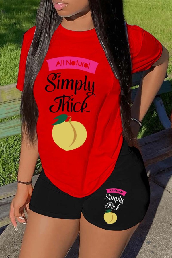 Red Black Casual Print Basic O Neck Short Sleeve Two Pieces