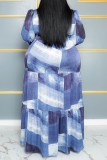Blue Casual Print Patchwork Turndown Collar Long Dress Dresses