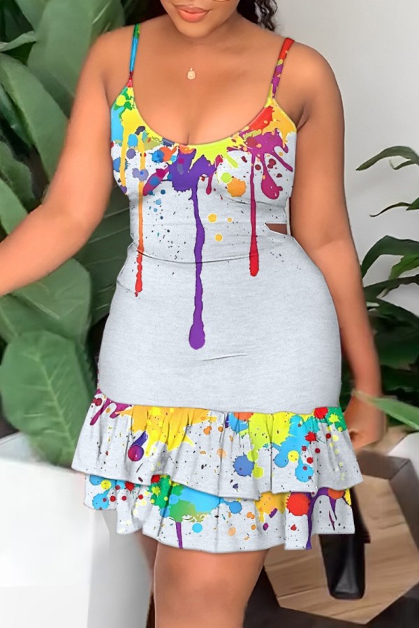 Grey Sexy Casual Print Backless U Neck Sling Dress Dresses