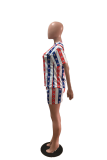 Red White Casual Striped Print Patchwork O Neck Short Sleeve Two Pieces
