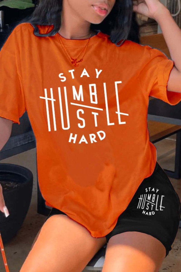 Orange Black Casual Letter Print Basic O Neck Short Sleeve Two Pieces