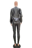 Black Casual Faux Leather Patchwork Solid Patchwork Pullovers Pants O Neck Long Sleeve Regular Sleeve Two Pieces
