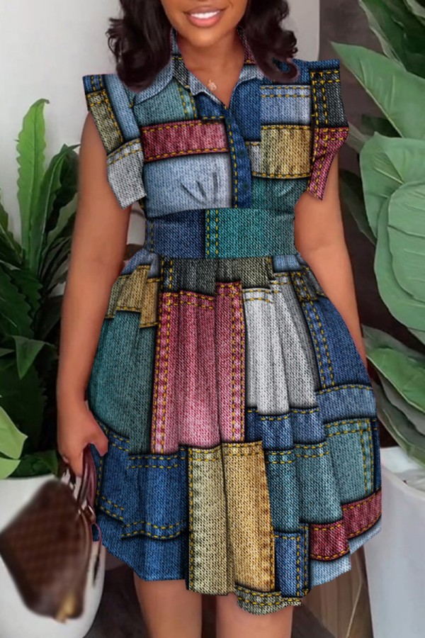 Multicolor Casual Print Patchwork Turndown Collar Sleeveless Dress Dresses