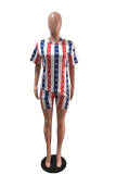 Red White Casual Striped Print Patchwork O Neck Short Sleeve Two Pieces