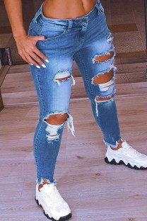 Dark Blue Casual Solid Ripped Plus Size Jeans