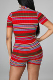 Red Casual Work Street Simplicity Striped Patchwork V Neck Skinny Jumpsuits