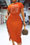 Orange Casual Letter Print Tassel Patchwork O Neck Short Sleeve Two Pieces