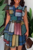 Orange Casual Print Patchwork Turndown Collar Sleeveless Dress Dresses