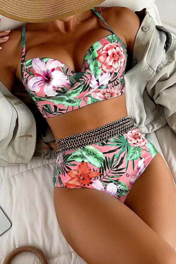 Orange Sexy Print Patchwork Backless Swimwears (With Paddings)