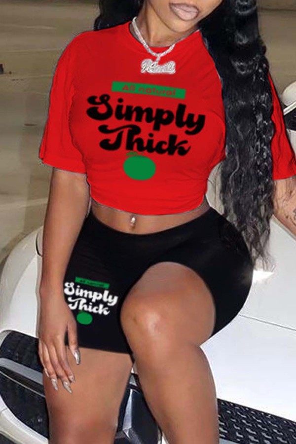 Red Black Casual Letter Print Basic O Neck Short Sleeve Two Pieces