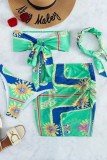 Green Sexy Print Backless Swimsuit Four Piece Set (With Paddings)