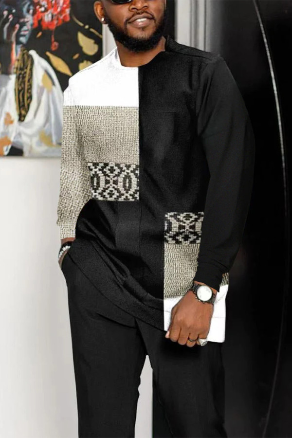 Black Men's Casual Color Blocking Long Sleeve Walking Suit-013
