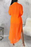 Tangerine Red Casual Street Simplicity Solid Buttons See-through Slit Turndown Collar Long Sleeve Two Pieces(Without Bikini)