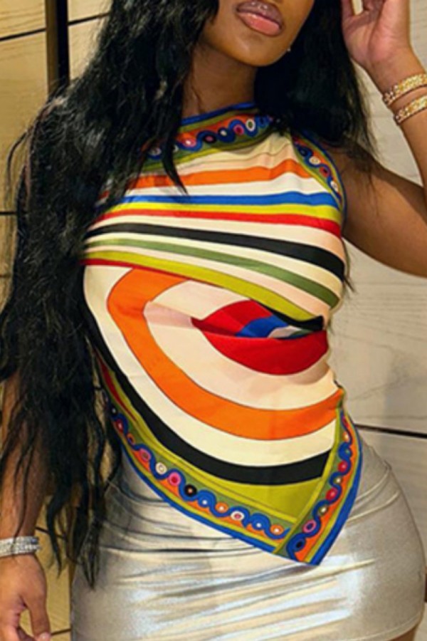 Colour Sexy Casual Print Backless Asymmetrical Oblique Collar Tops