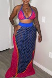 Blue Sexy Print Bandage Hollowed Out Patchwork Backless Halter Sleeveless Two Pieces
