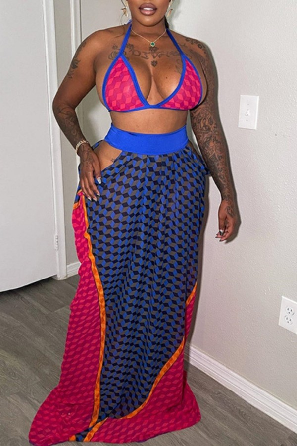 Blue Sexy Print Bandage Hollowed Out Patchwork Backless Halter Sleeveless Two Pieces