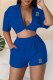 Blue Street Print Letter Turndown Collar Short Sleeve Two Pieces
