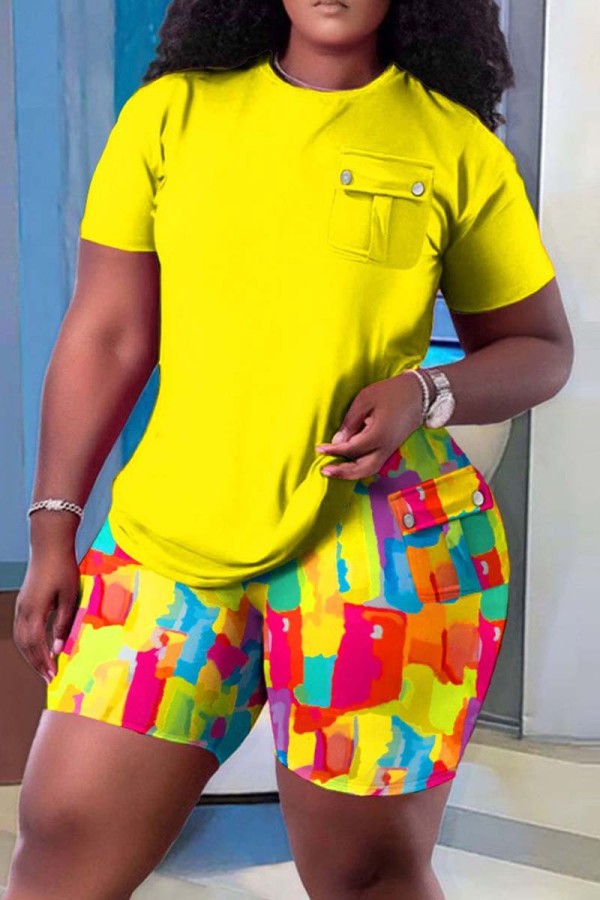 Yellow Casual Print Patchwork O Neck Short Sleeve Two Pieces
