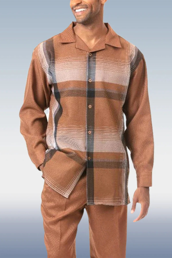 Coffee Men's Contrast Color Long Sleeve Walking Suit 041