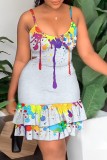 Grey Sexy Casual Print Backless U Neck Sling Dress Dresses