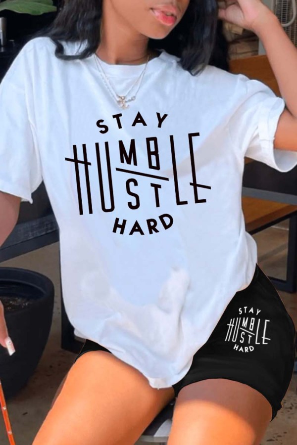 White Black Casual Letter Print Basic O Neck Short Sleeve Two Pieces
