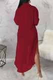 Rose Red Casual Street Simplicity Solid Buttons See-through Slit Turndown Collar Long Sleeve Two Pieces(Without Bikini)