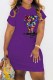 Purple Casual Print Letter O Neck One Step Skirt Dresses