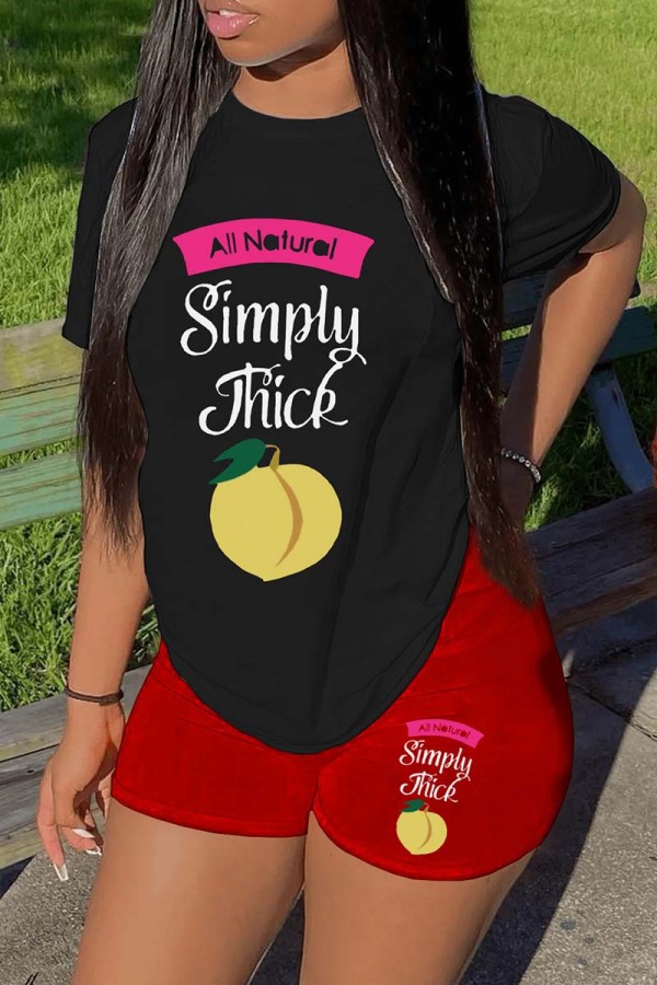 Black Red Casual Print Basic O Neck Short Sleeve Two Pieces